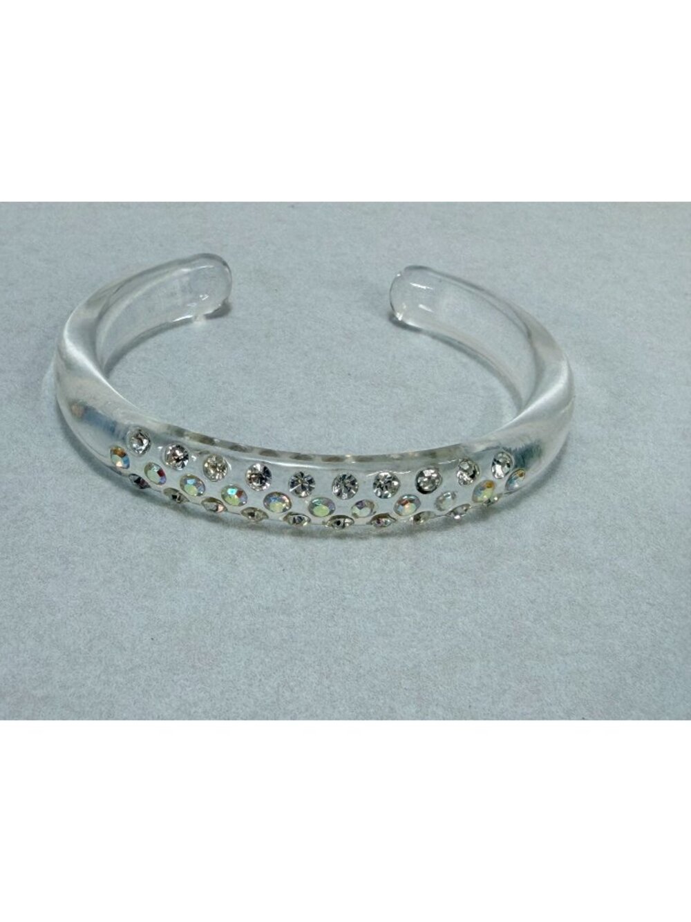 Vintage Clear Lucite Cuff Bracelet Aurora Borealis Rhinestones Wide Statement